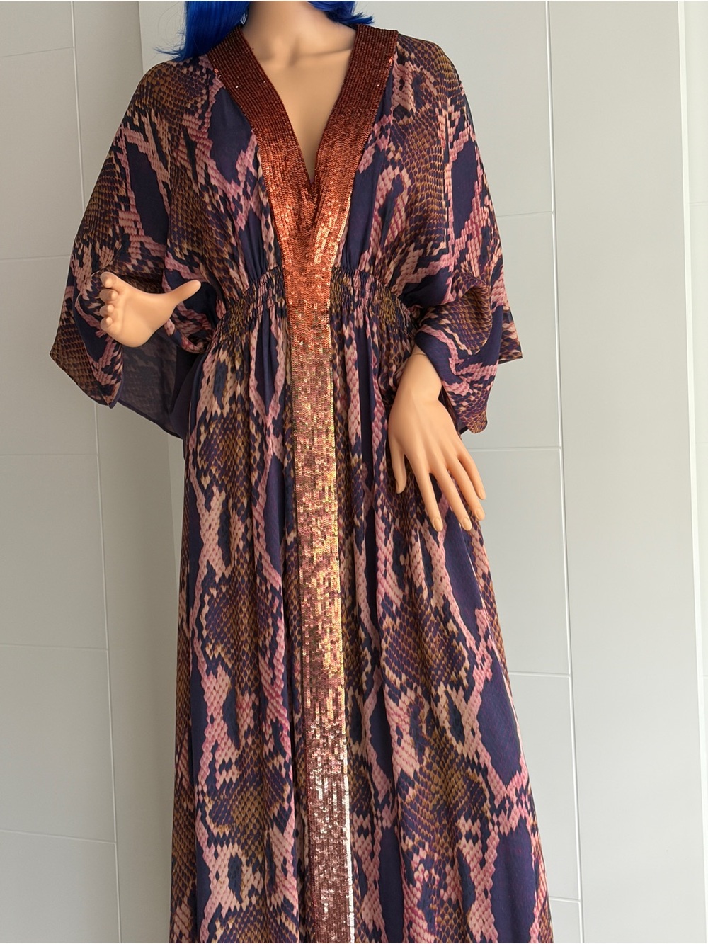 Snake-Print Sequin Trim Silk Kaftan
